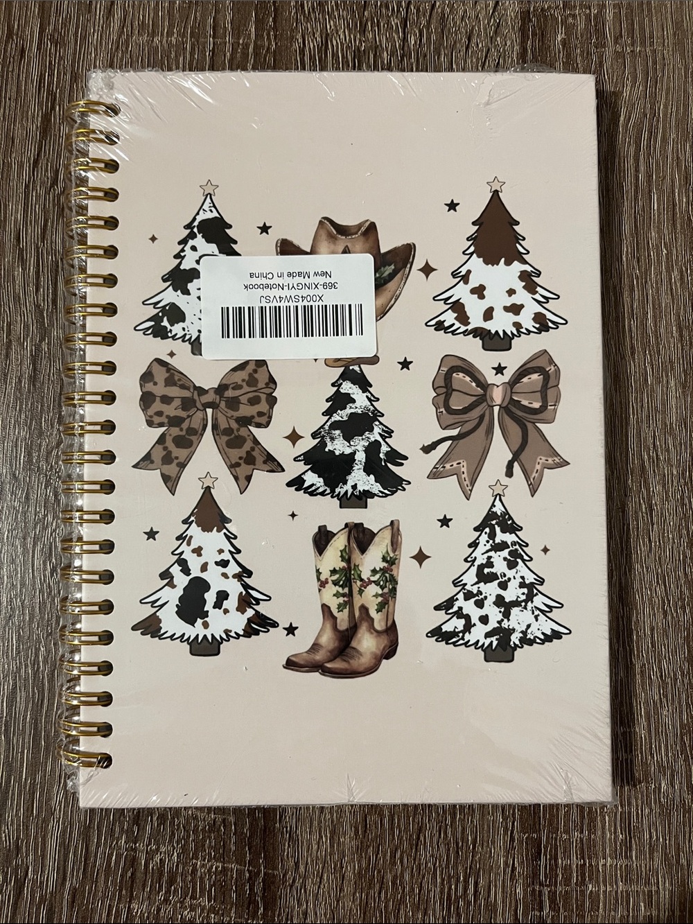 Spiral Notebook with Brown Cowboy Boots & Trees - Cute Holiday Design